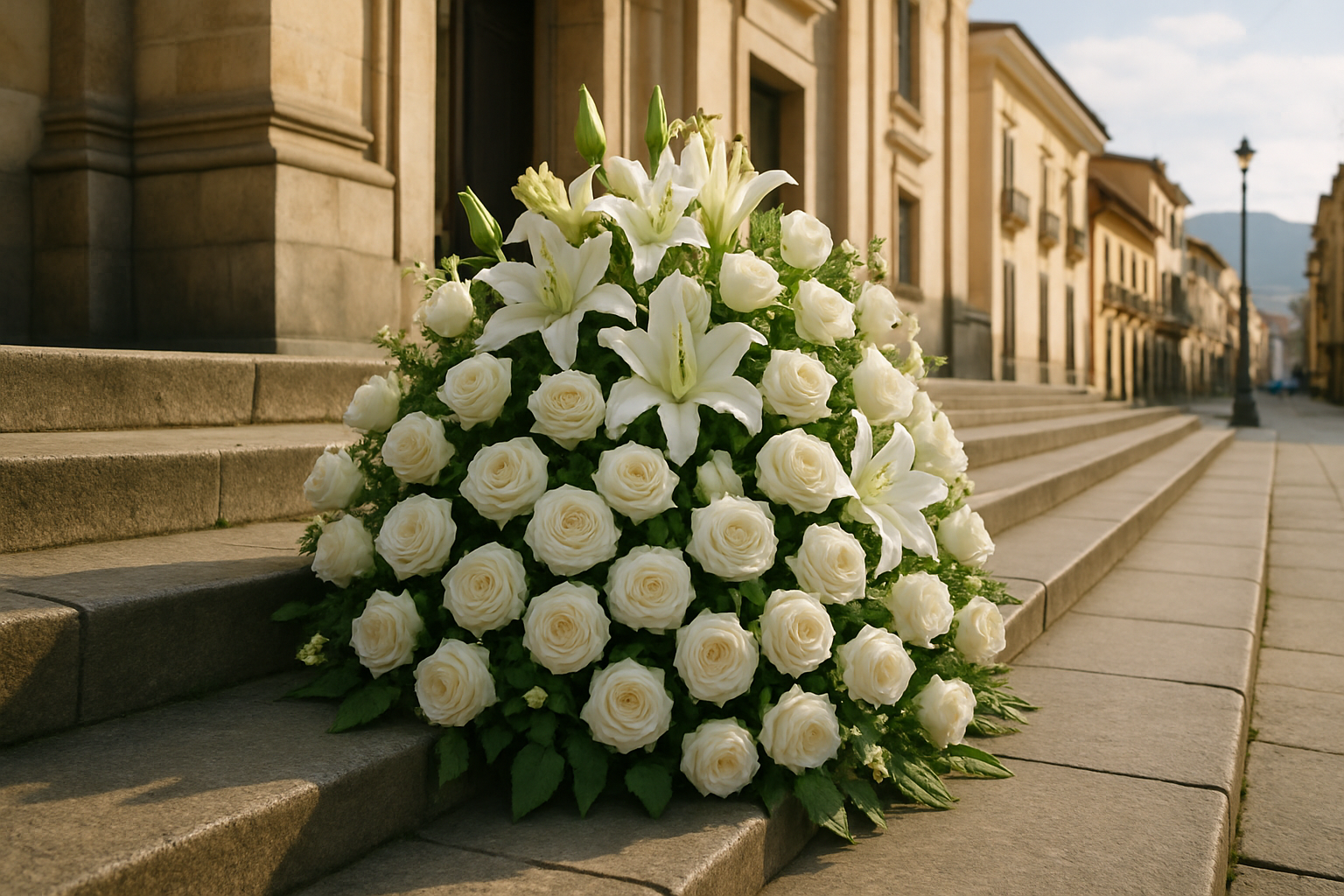 Arreglo de rosas y lirios blancos en las escalinatas de un edificio p&uacute;blico de Medell&iacute;n