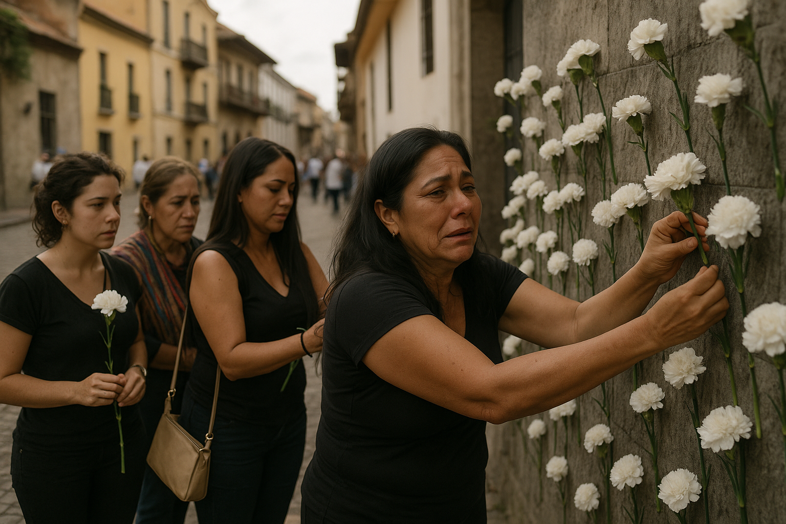 Mujeres depositan flores blancas en un muro conmemorativo de Medell&iacute;n