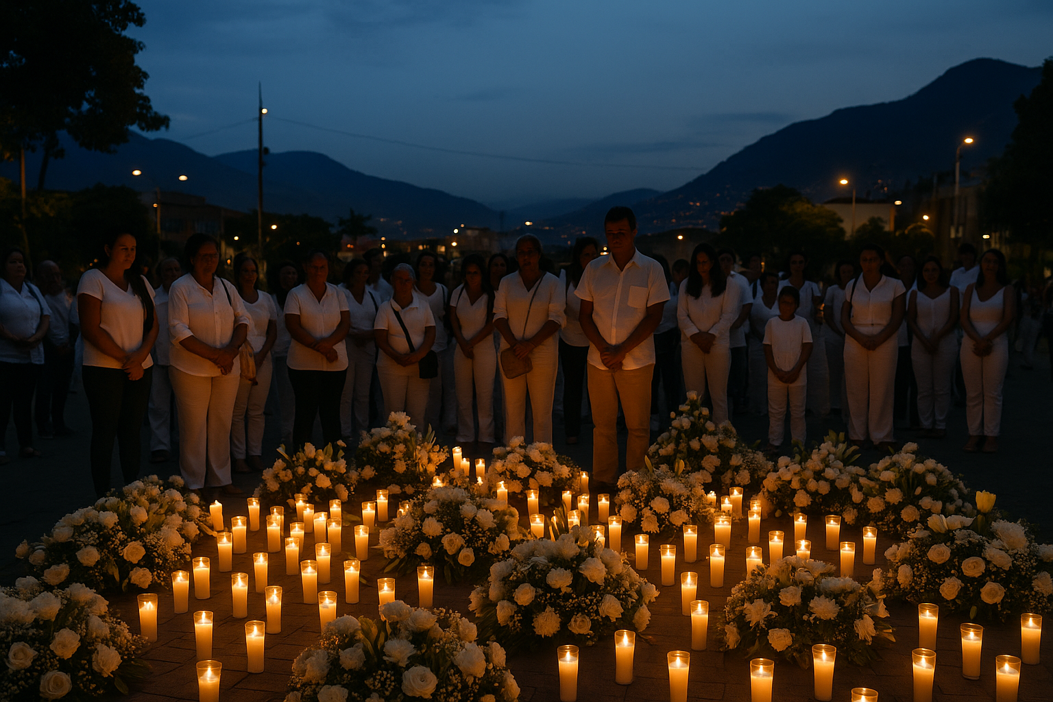 Ofrenda floral durante un acto de memoria en una plaza de Medell&iacute;n al atardecer